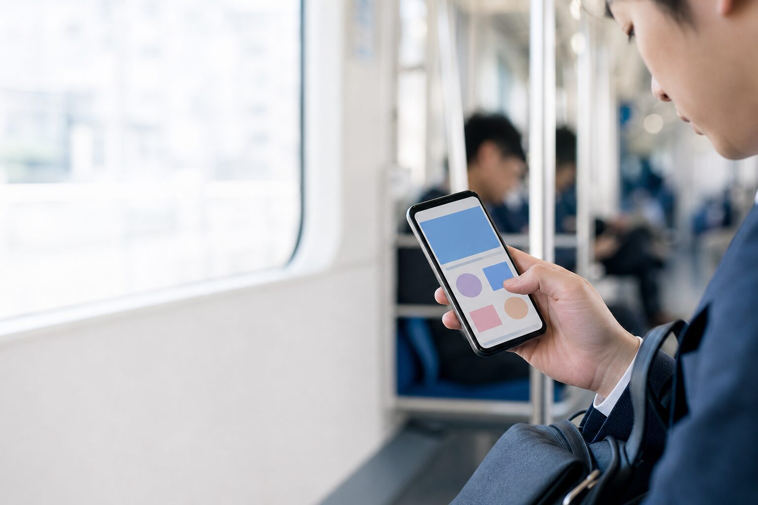 通勤電車の中でスマートフォンの学習アプリを開くビジネスパーソン