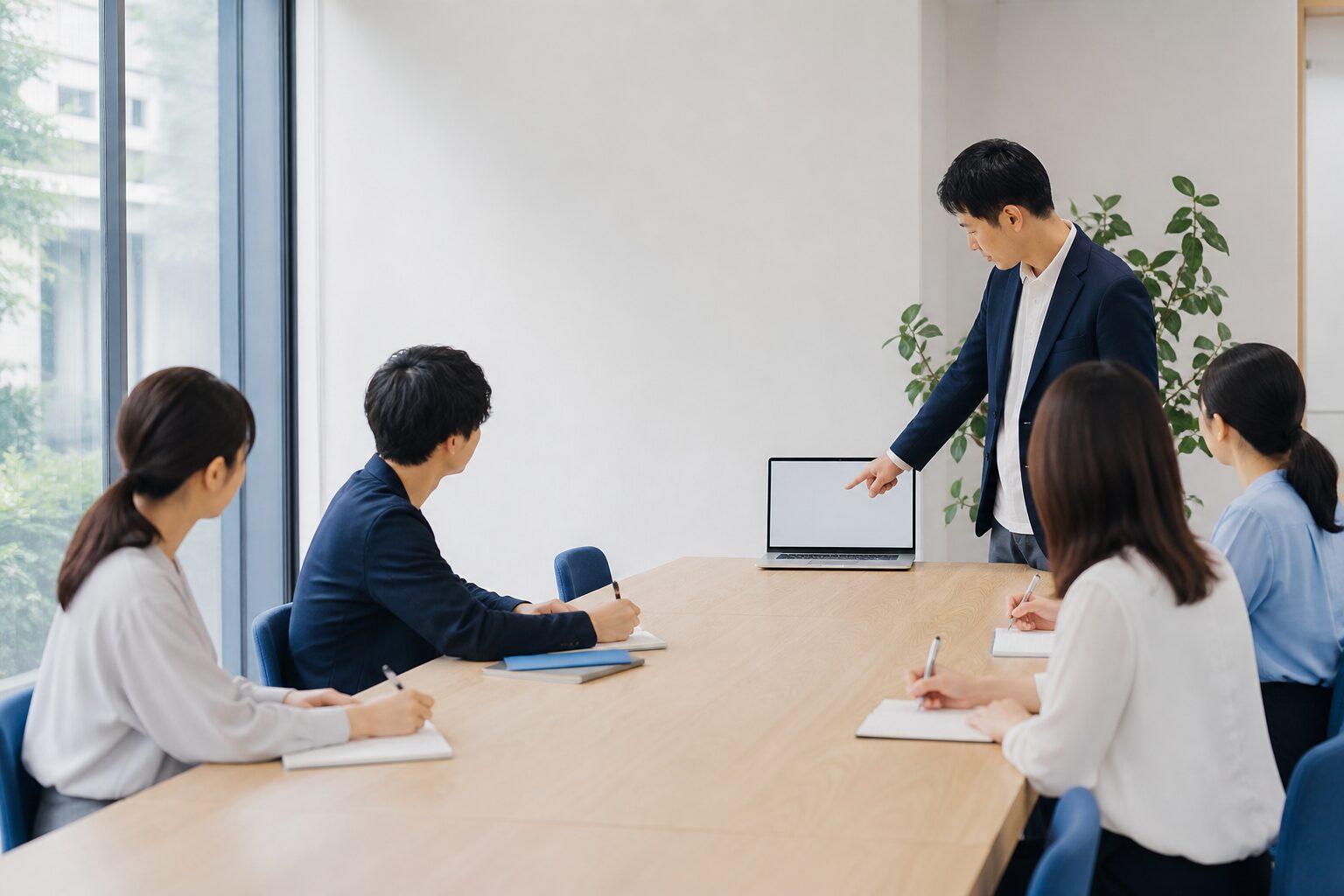会議室で講師がノートパソコンの画面を示しながら少人数に説明している研修の様子