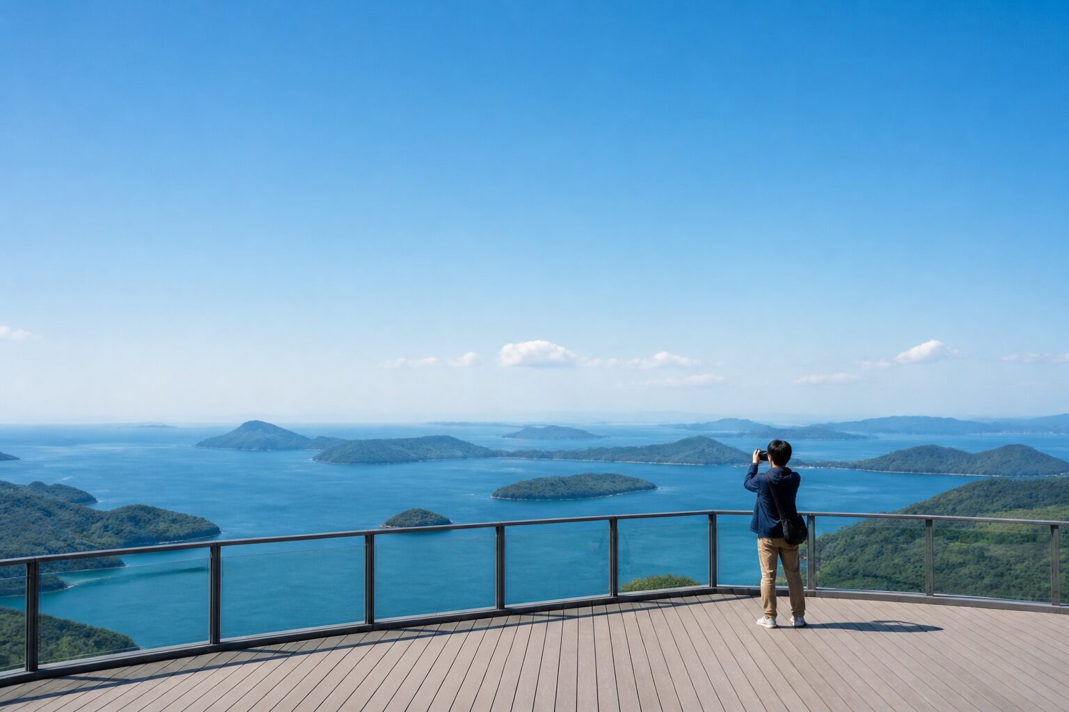 展望デッキから海と島の風景を眺める旅行者の後ろ姿