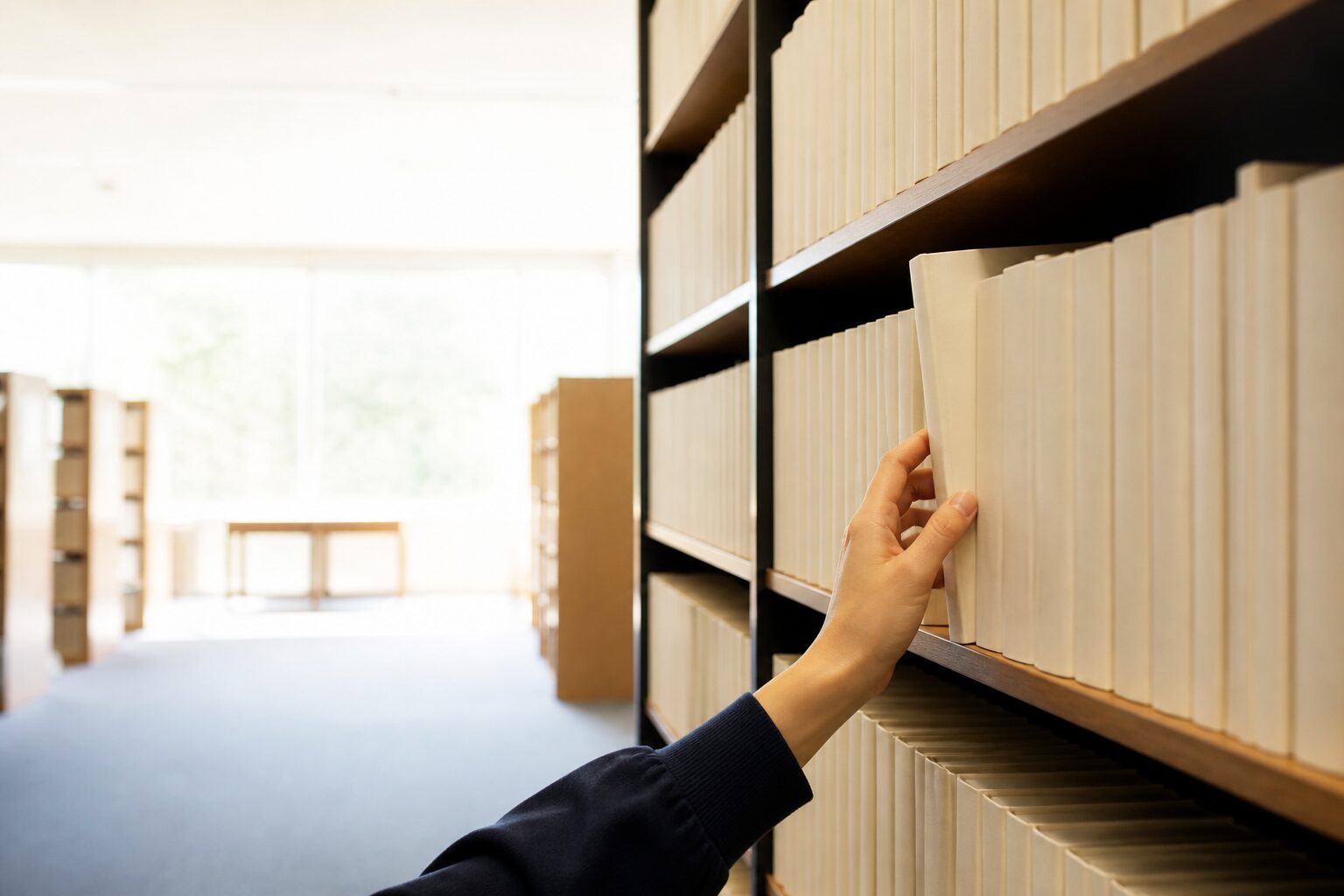 図書館の書架から一冊の本に手を伸ばす手元