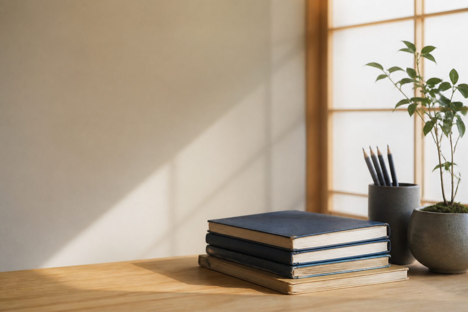 窓からの斜光が差す机の上に積み重なった数冊のノート